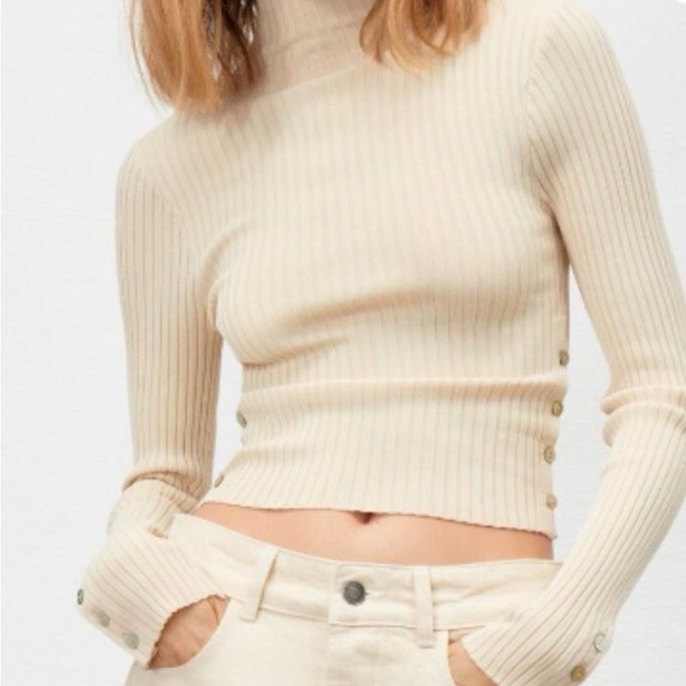 Zara Cream Ribbed Knit Mock Neck Sweater Top Button Sleeve Size M